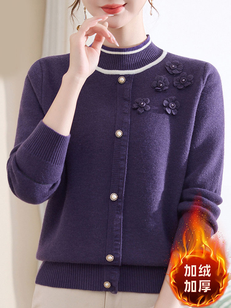 时尚珠花一体绒加厚保暖气质百搭半高领针织衫·红色加绒