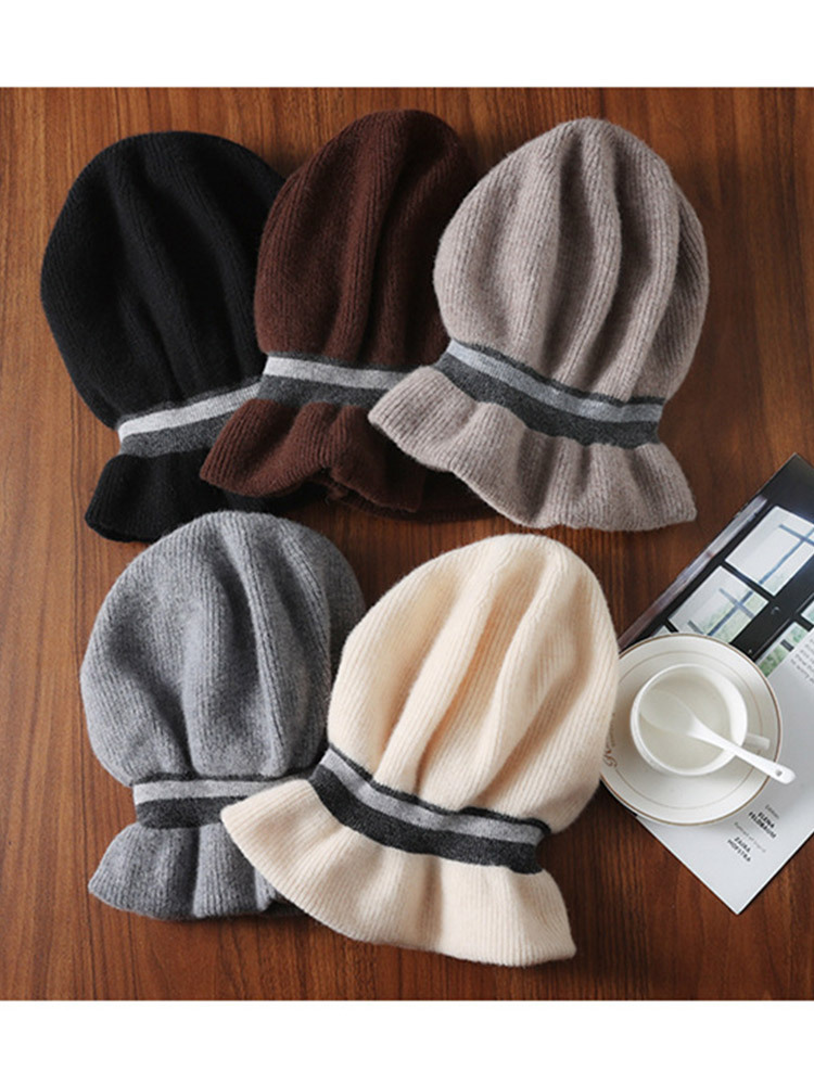 爆款羊毛包头护耳保暖优雅气质撞色条纹渔夫堆堆针织帽·咖啡色