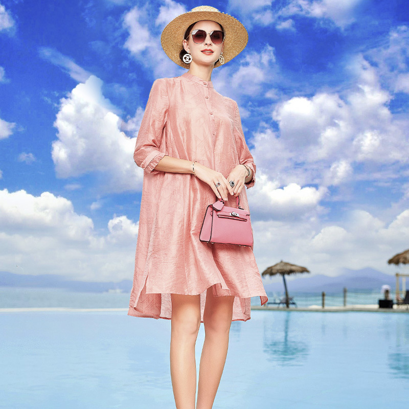 丁摩 夏季新款天丝提花时尚洋气百搭宽松衬衫防晒衣开衫薄外套20-167·粉色