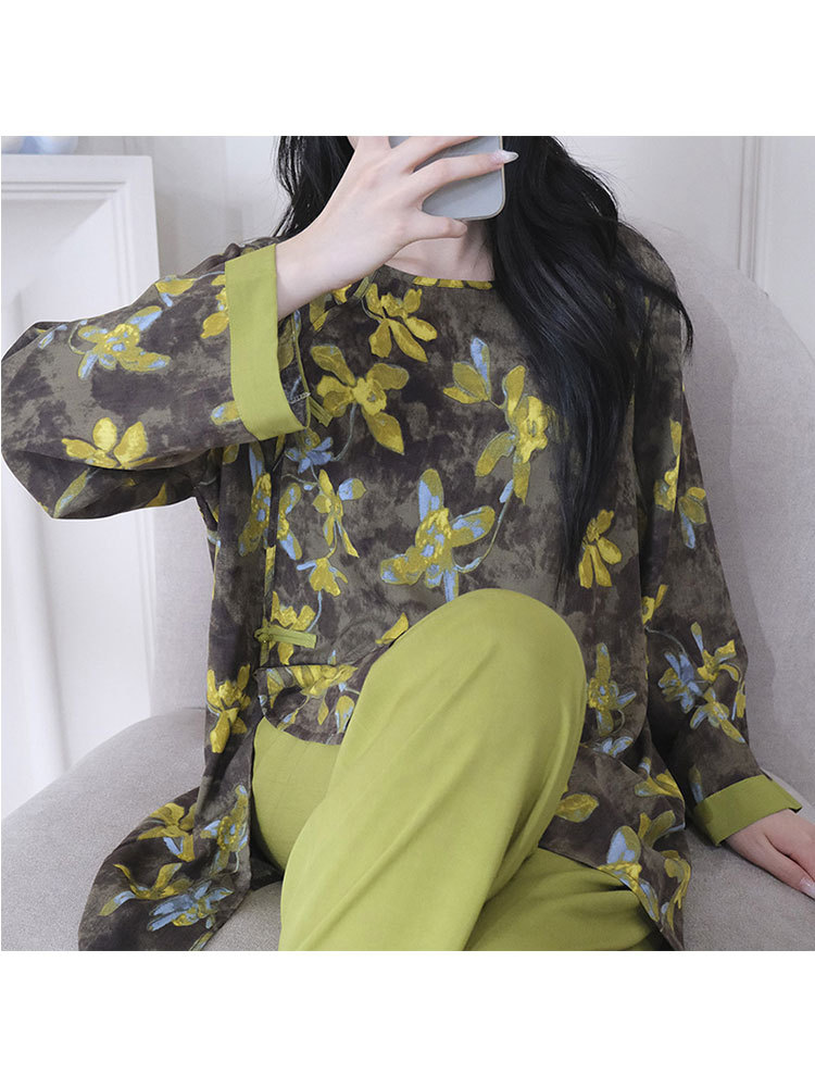 【长袖+长裤】新中式印花轻柔舒适棉绸可外穿家居服套装·苍兰棕