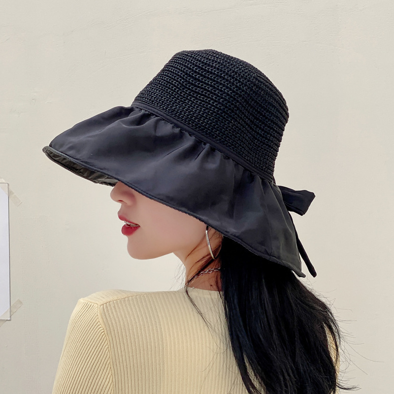 夏季黑胶渔夫帽镂空草帽防晒休闲大檐遮脸太阳沙滩帽*2个（可备注颜色）·黑色