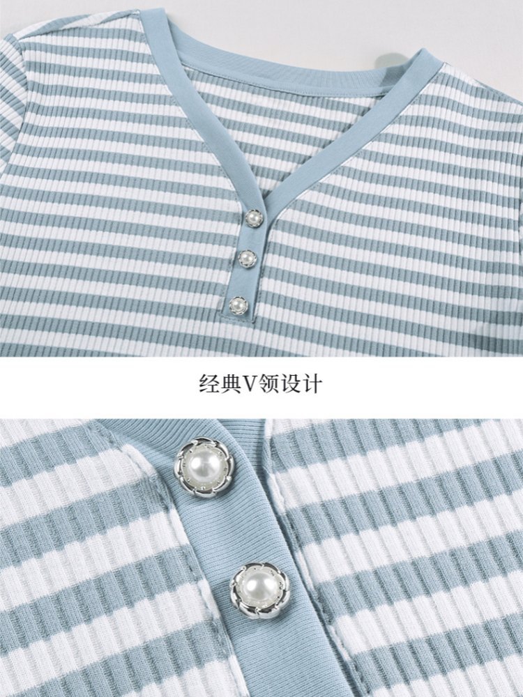 【94精梳棉】轩凌子条纹v领短袖T恤XS82620040·黑白