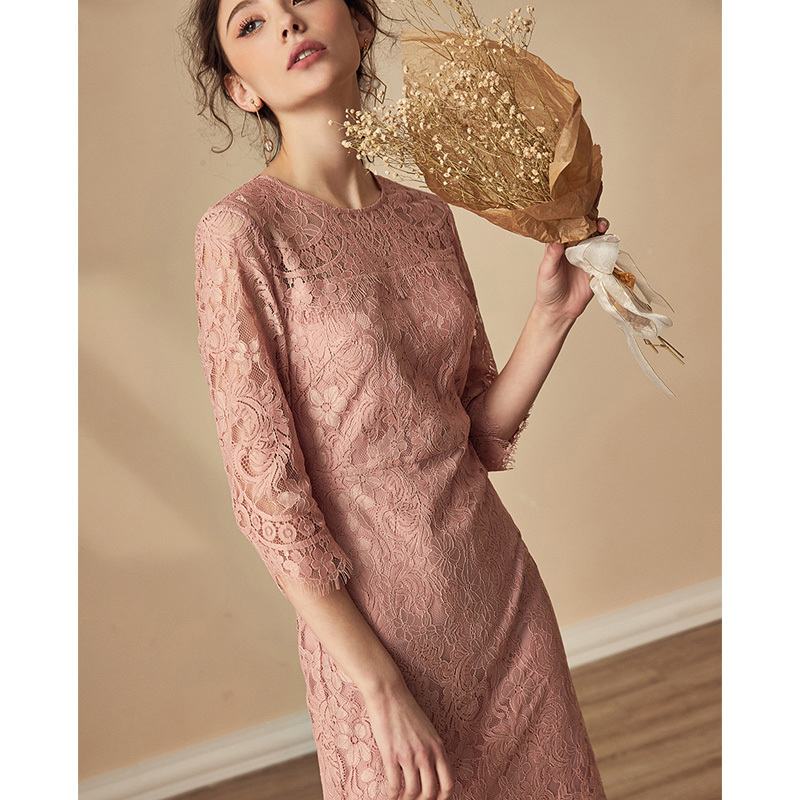 丁摩 新款优雅七分袖蕾丝连衣裙真丝棉里衬修身显瘦小香风粉色打底裙19-171·粉色