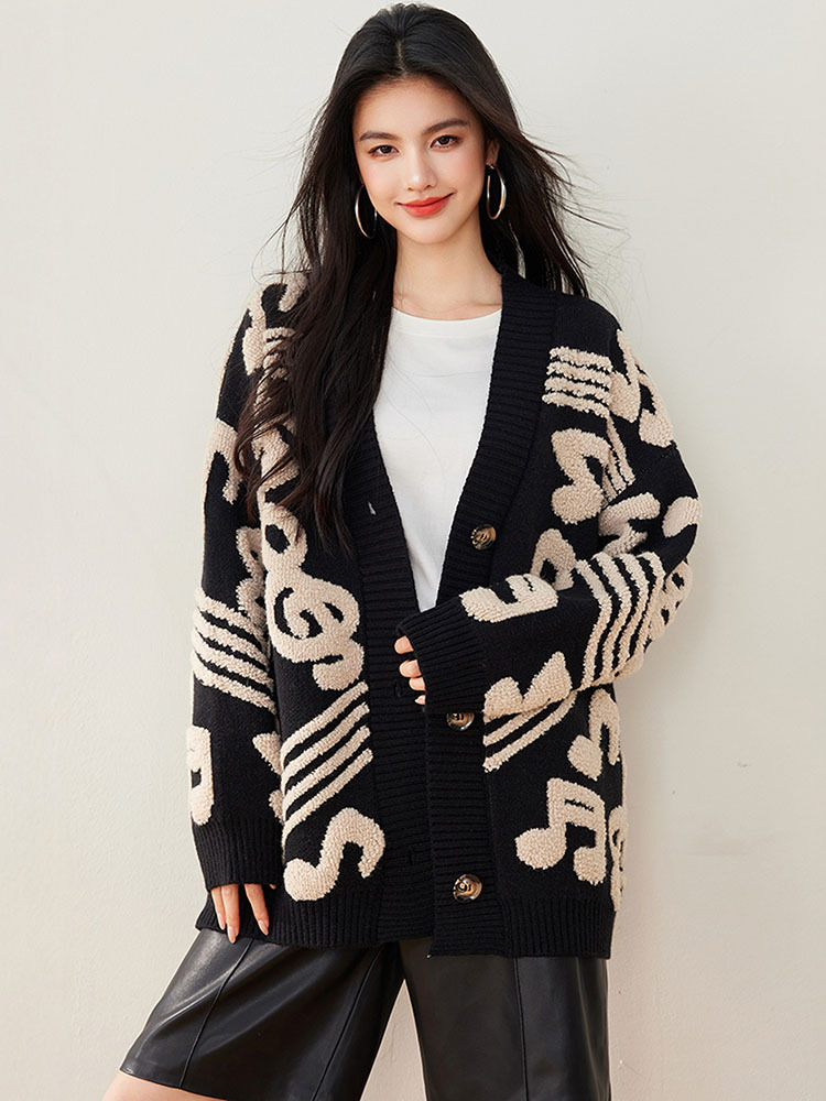 爆款设计感V领宽松加厚保暖时尚开衫·黑色