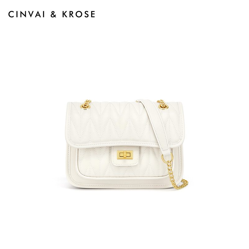 CinvaiKrose 女士包包时尚百搭斜挎包单肩链条小方包女包B6470·米白色
