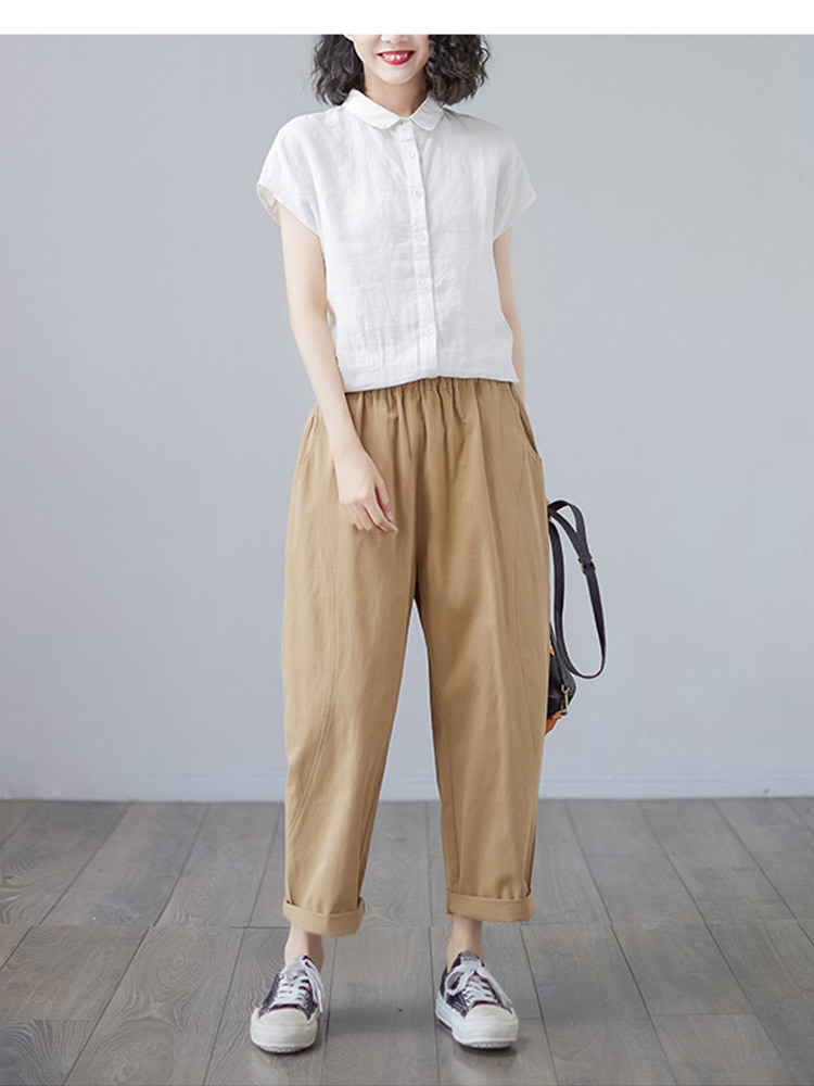 新款纯棉文艺复古高腰阔腿显瘦九分哈伦裤·雾霾蓝