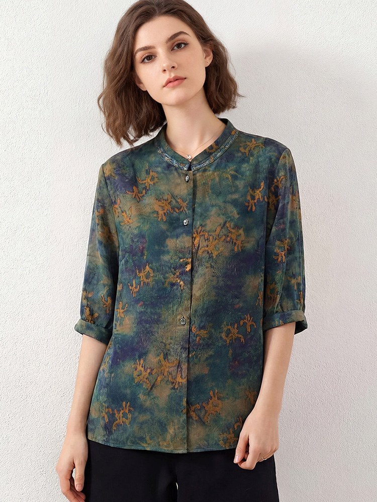 鳄鱼恤女士花萝香云纱上衣·蓝色