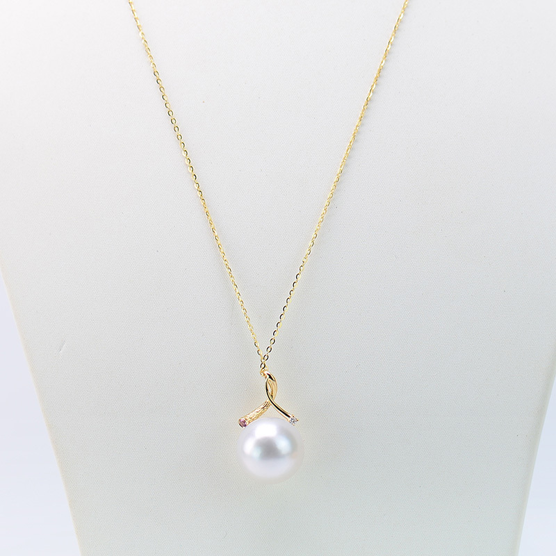 岛上明珠  海水澳白珍珠18k金钻石吊坠领结款14-15mm·澳白