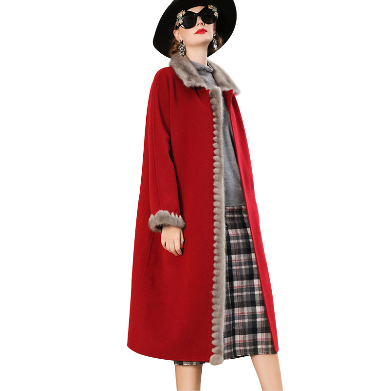丁摩 冬季新款双面羊毛大衣女宽松中长款水貂毛领拼接外套19-184·红色