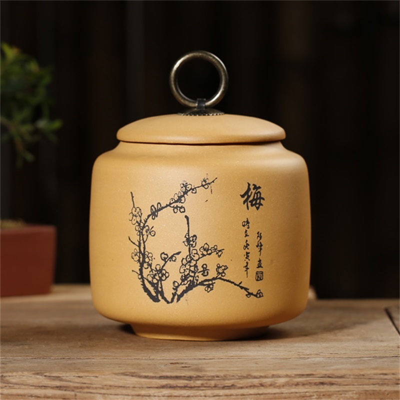 惠买官方-宜兴原矿紫砂茶叶罐（梅兰竹菊）·梅（段泥 ）