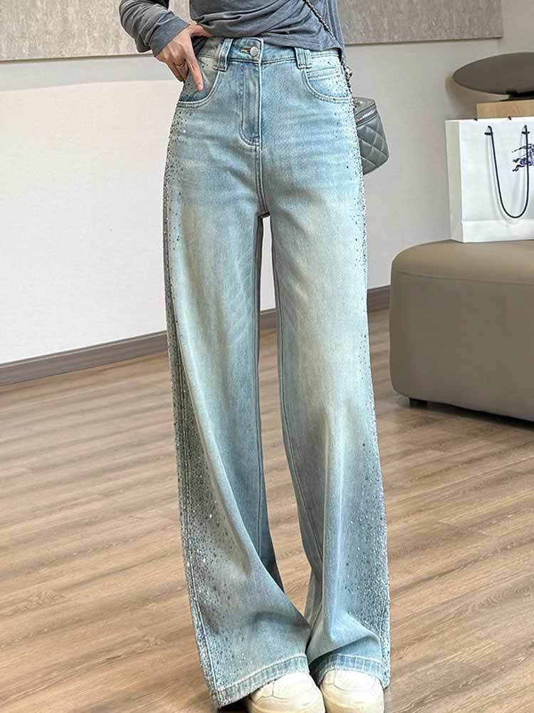 婵阅专柜高货银河烫钻牛仔裤！璀璨爆闪垂坠抗皱侧面烫钻阔腿裤·16306-浅蓝色
