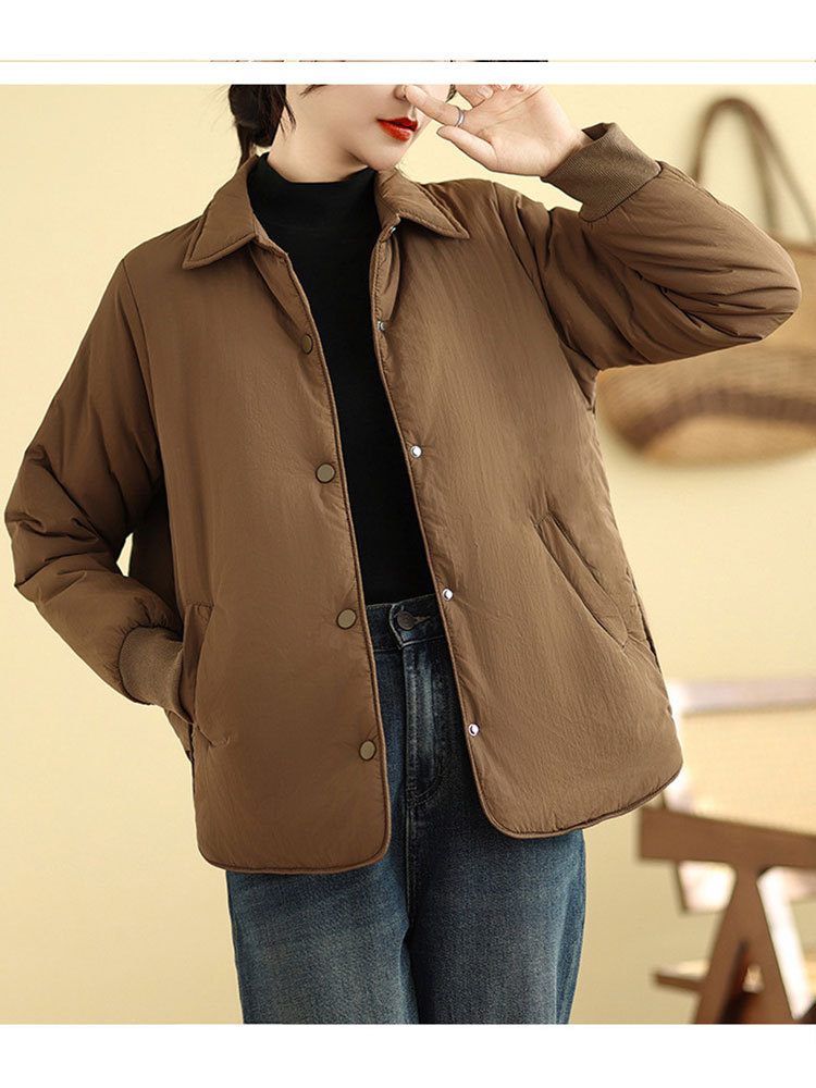 时尚翻领暗扣口袋宽松显瘦保暖轻薄棉服·白色