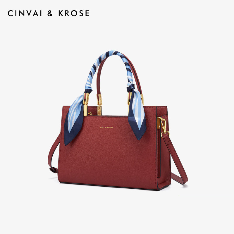 CinvaiKrose 手提包女牛皮包包新款高级感婚包斜挎包女包单肩包C6391·红色