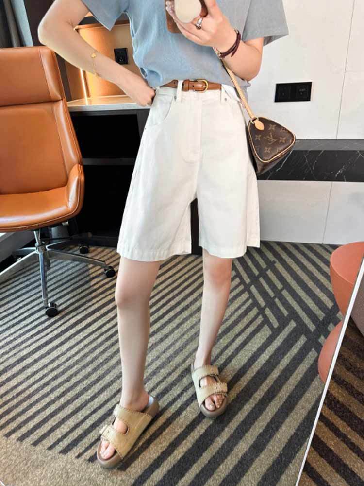 婵阅专柜高货 ！显高四五分牛仔裤子女夏季薄款百搭高腰a字显瘦短裤·9001-白色
