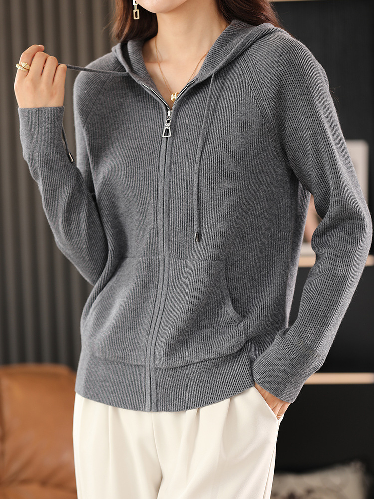 新款纯色坑条显瘦品质拉链连帽百搭外套·皮粉