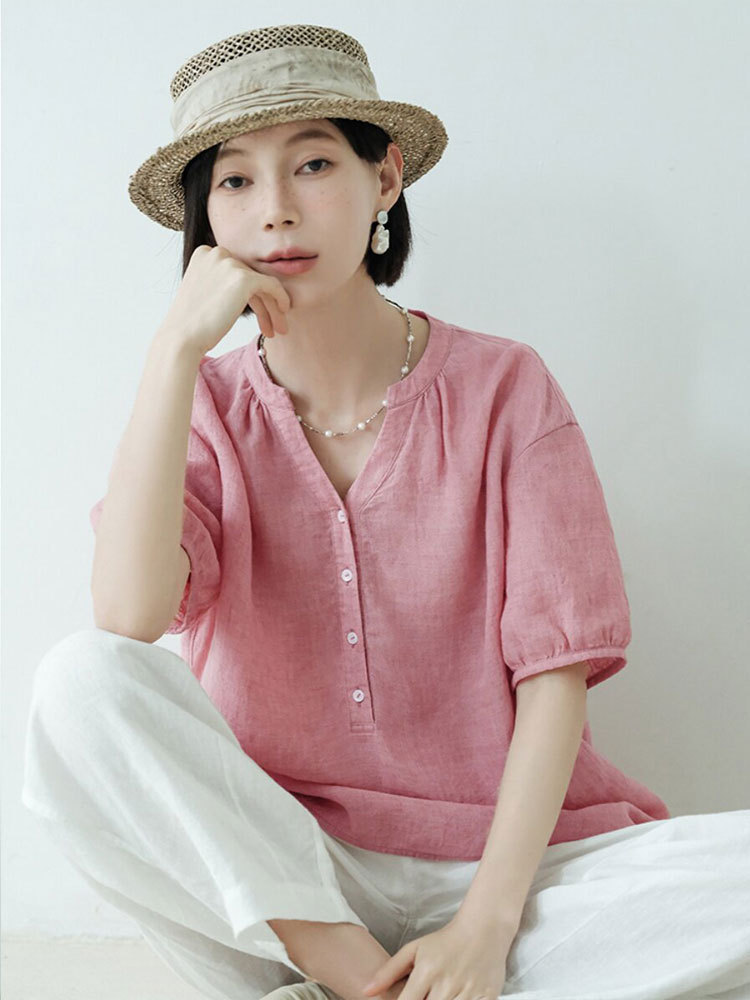 【新款特价】棉麻透气文艺复古宽松显瘦百搭上衣·蓝色