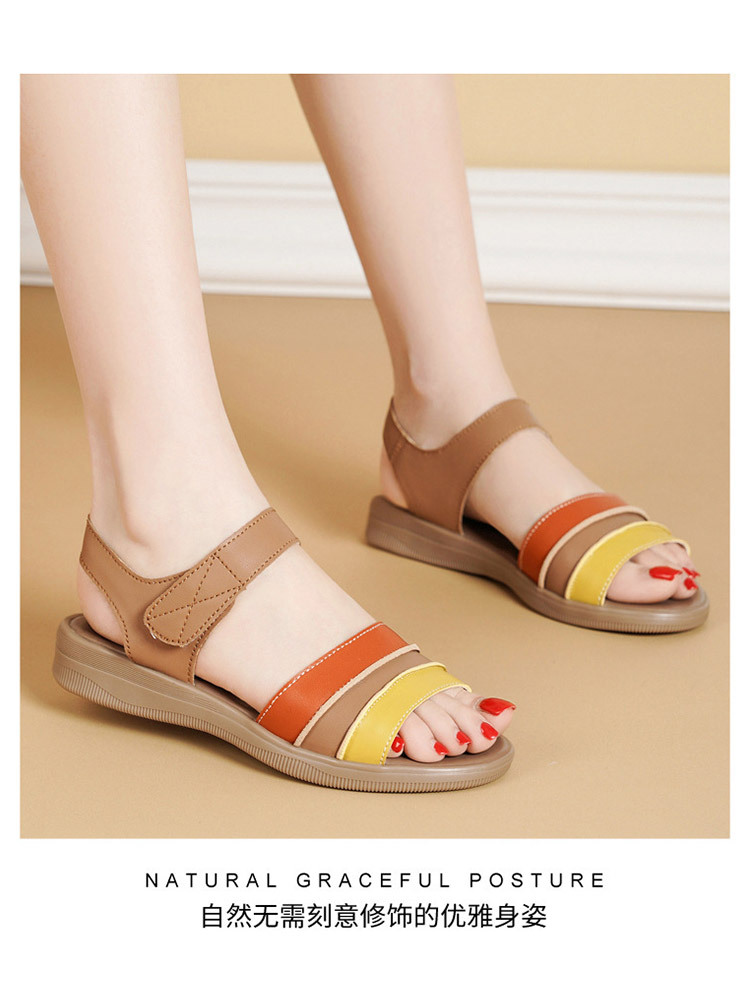 多彩真皮魔术贴乳胶鞋垫平跟厚底防滑凉鞋·棕色