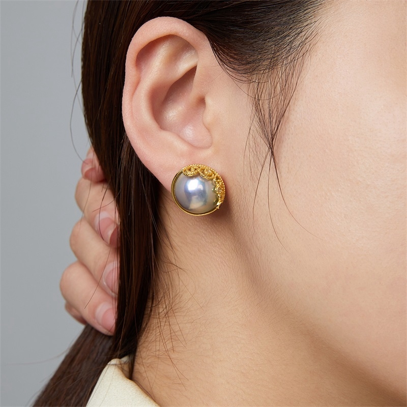 复古优雅彩银灰色14mm拼合海水马贝珍珠耳钉xdrl9216·黑色