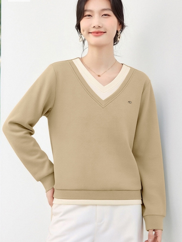 轩凌子撞色拼接V领卫衣XS82610074·酒红色