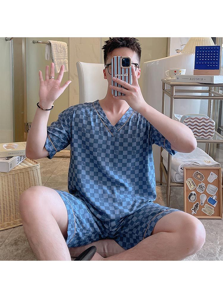 绵绸短袖V领男士短袖短裤可外穿棉绸套装·2410V-经典灰格