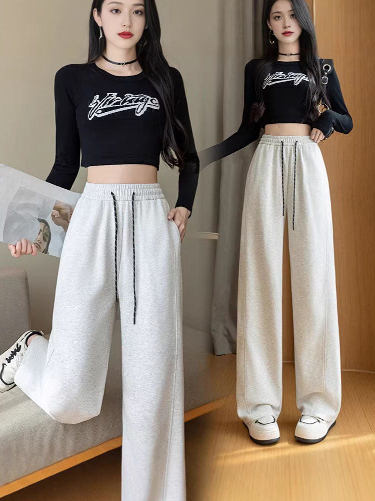 高品质舒适棉松紧腰口袋抽绳宽松显瘦弯刀阔腿裤·藏青