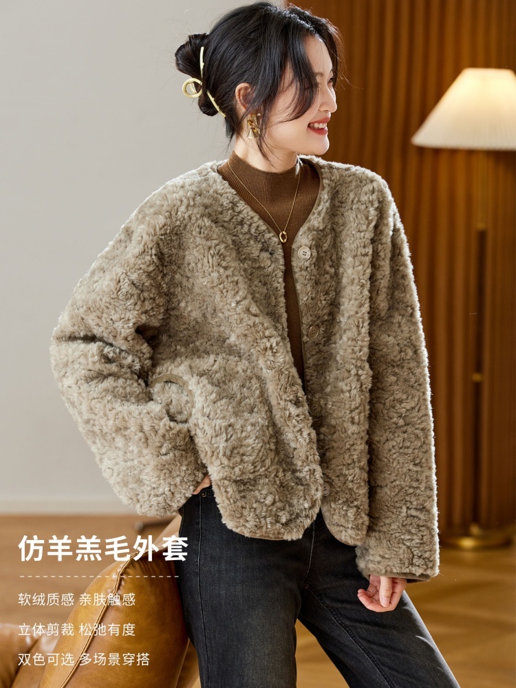 可风各时尚羊羔毛圆领外套510012·灰绿色