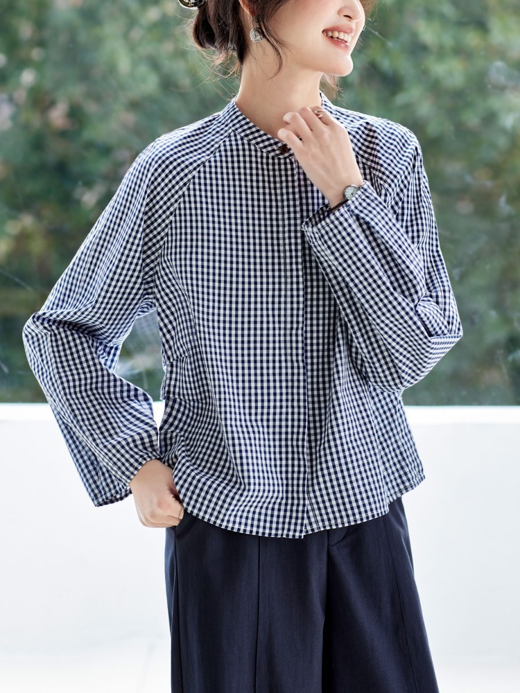 100棉可风各风圆领宽松格纹衬衫512061·白色