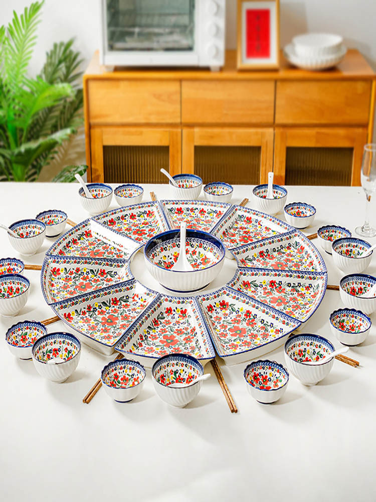 繁花似锦陶瓷拼盘家用团圆菜碗碟餐具组合·扇形50件套（直径68cm）