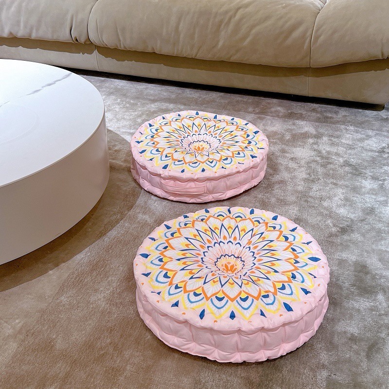 2只绒布印花床头靠垫波西米亚风加厚地板圆形垫榻榻米蒲团坐垫·焕彩粉葵