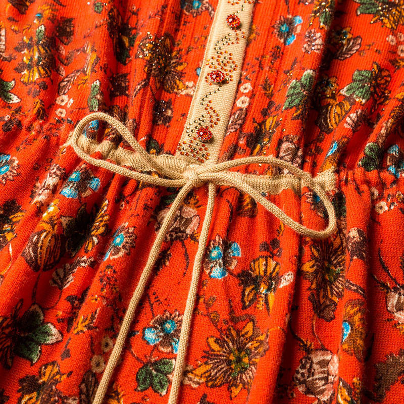 【72%羊毛】印花系带显瘦羊毛裙·深橘红