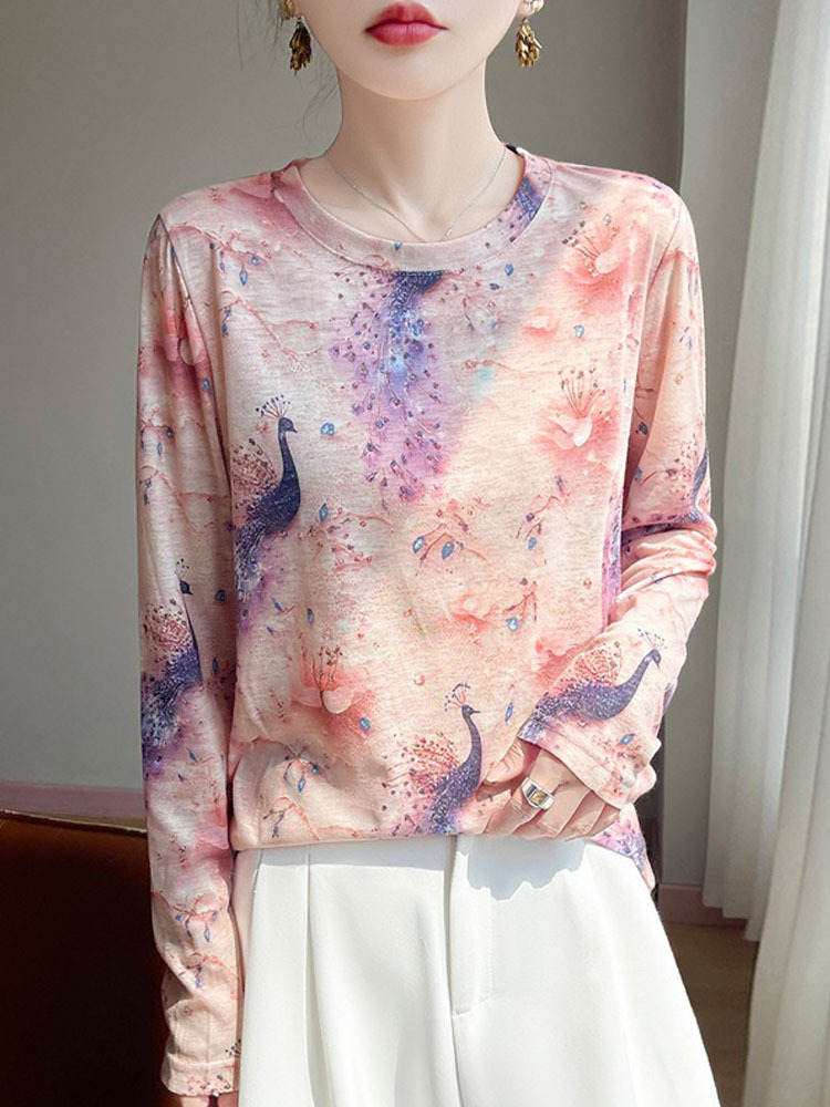 雀说 早春新款圆领印花长袖T恤国风打底薄上衣R-M140·M140-2粉凰映霞