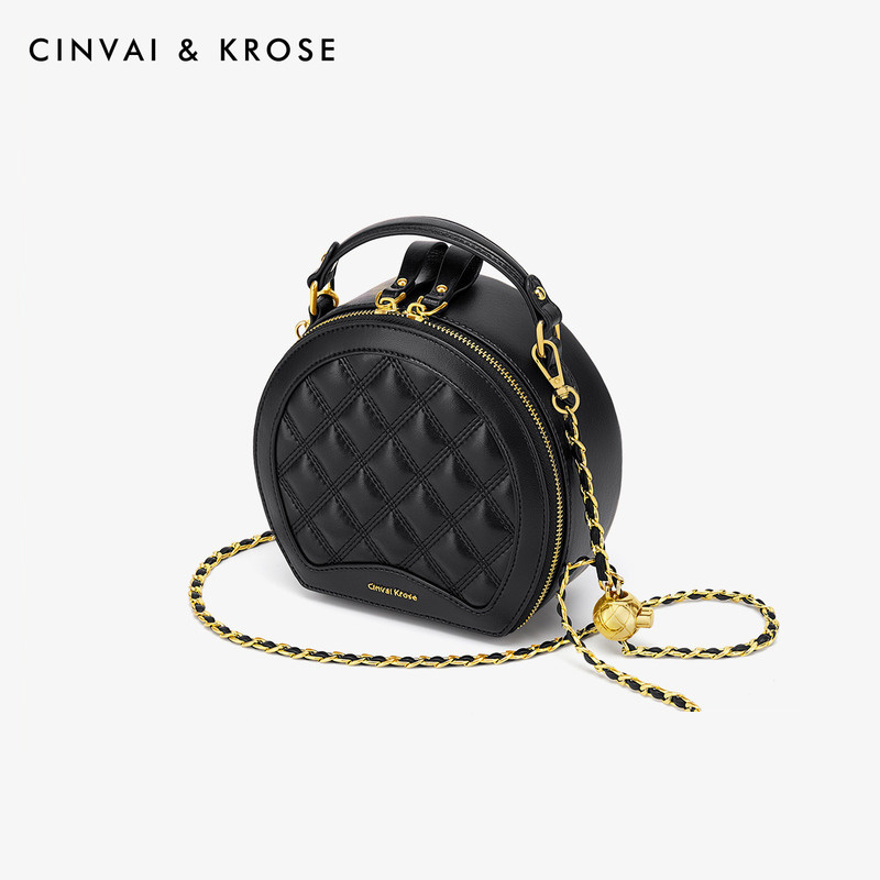 CinvaiKrose 牛皮包包女新款菱格斜挎包女包小圆包手提包C6339·圆鼓白格