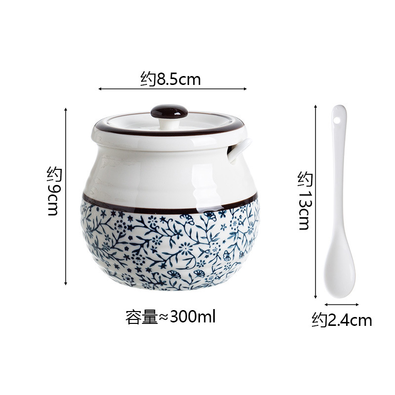 日式陶瓷猪油罐家用耐高温辣椒油罐带盖勺调料罐糖罐盐罐·景泰蓝