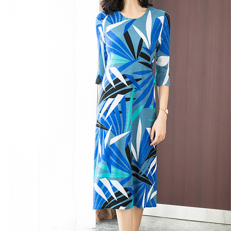 迪欧达女士新款压褶印花气质大码时尚连衣裙·蓝色