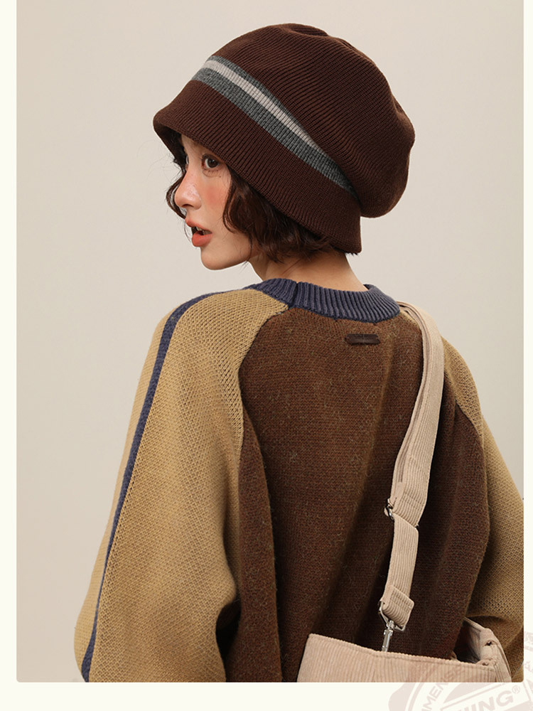 爆款羊毛包头护耳保暖优雅气质撞色条纹渔夫堆堆针织帽·咖啡色