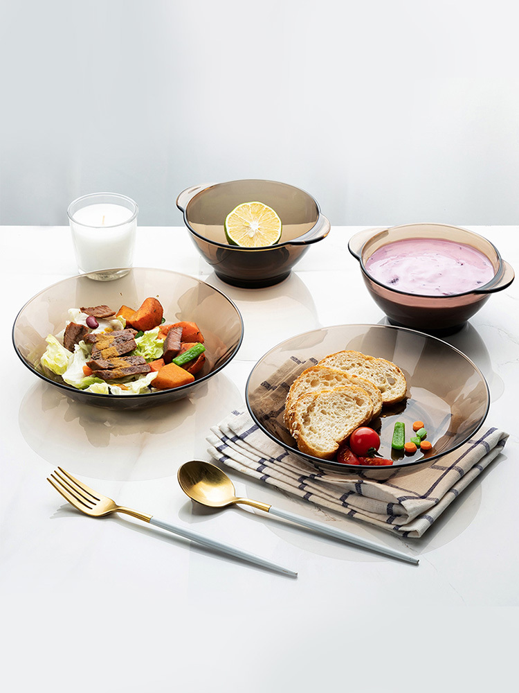 法国多莱斯进口食品级钢化玻璃餐具咖啡色双人四件双耳碗西餐盘