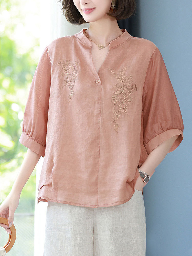 【爆款特价】棉质刺绣宽松透气遮肉显瘦七分袖上衣·绿色