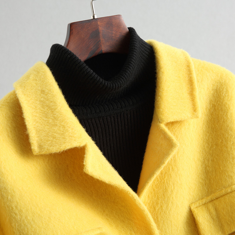 安柘娜新款毛呢外套双面羊毛呢大衣女系带中长款羊毛大衣K20213·黄色