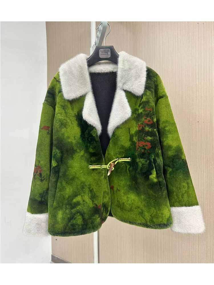 米彩微姿 新中式别致高级感复古设计感气质印花雪兰貂皮草外套·绿色