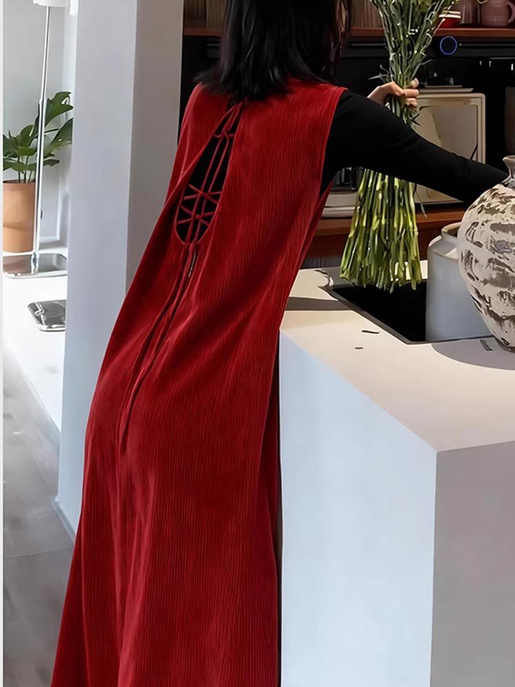 婵阅专柜高货红色无袖露背叠穿绑带灯芯绒连衣裙·gh1601-红色