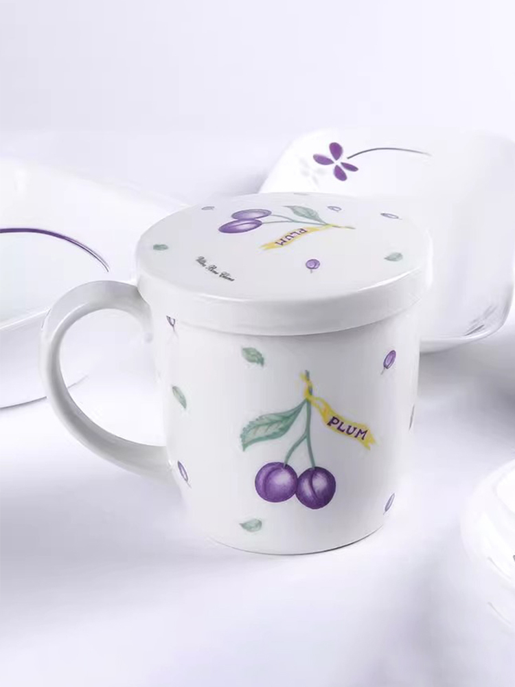 【一只】康宁瓷茶水杯/带盖（郁金香/城市百合/欧洲香草）·紫莓