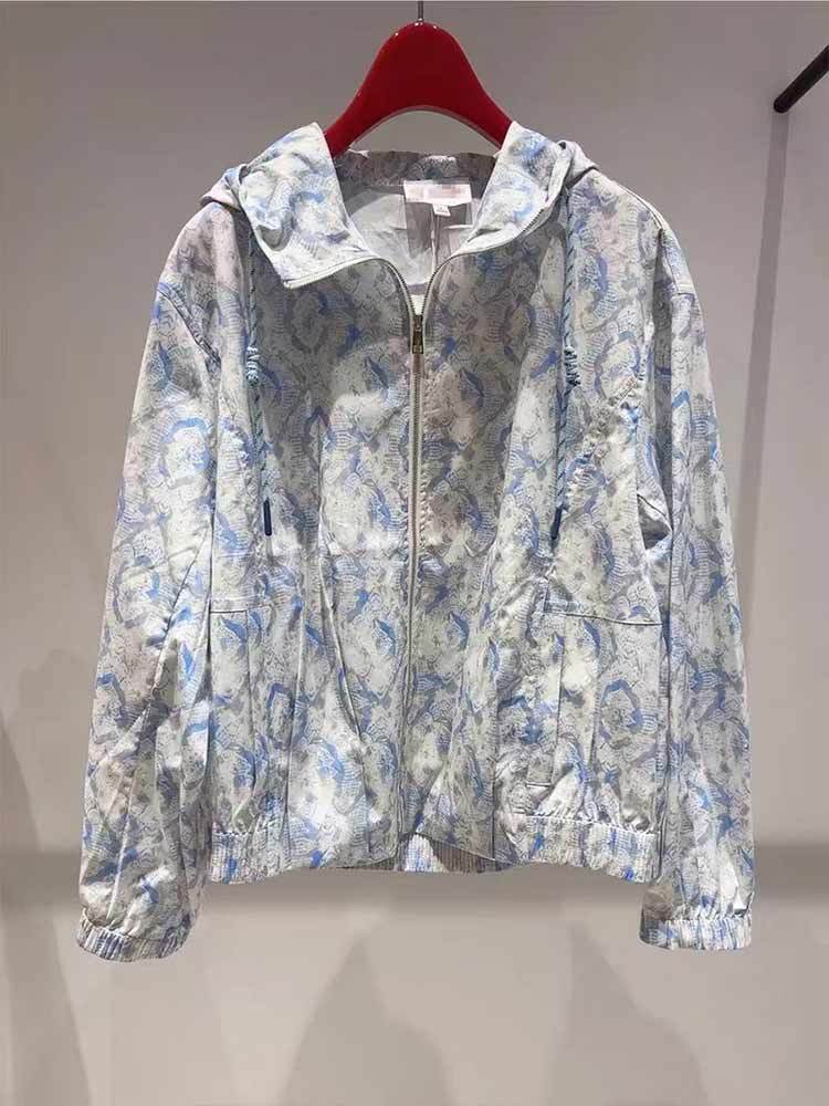 婵阅专柜高货轻薄印花抽绳连帽防晒衣夹克外套·蓝色