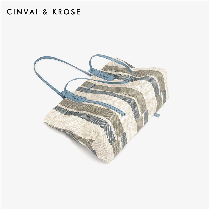 CinvaiKrose 帆布包女新款大容量托特包通勤单肩包女包手提包B6355·蓝条纹