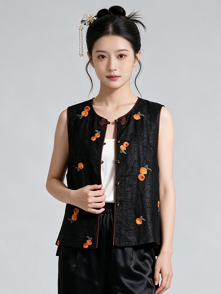 锦纯桑蚕丝香云纱马甲J20260363·柿子花