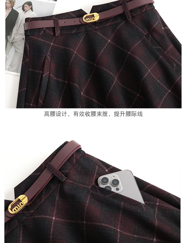 梦卓旋毛呢大格后松紧腰半裙KYL016·咖格