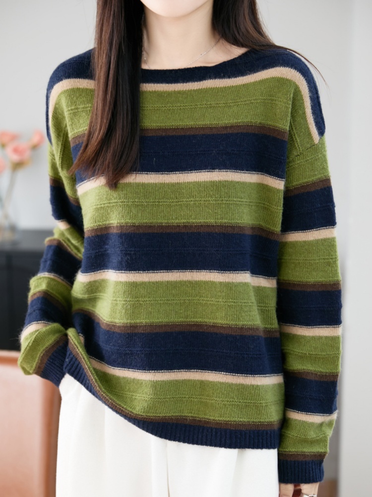 特舒冬款条纹圆领毛衣TS-2128·藏蓝军绿