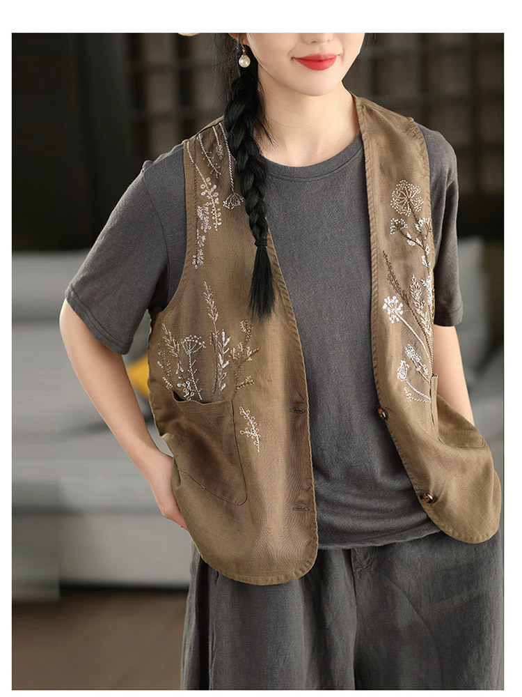 棉麻重工刺绣双侧口袋气质百搭马甲·杏色