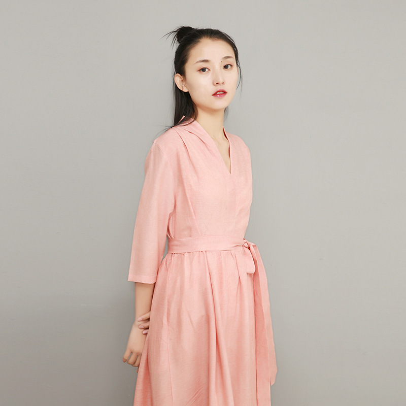 花雨原创设计天丝套头V领系带亚麻连衣裙·橘粉色