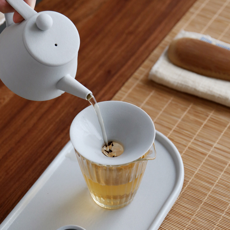 远山黑陶茶漏 陶瓷手绘粗陶茶滤过滤茶渣器功夫茶具配件细网茶斗·白色