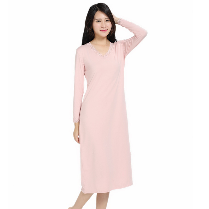 欧菲(icoffy) 马卡龙色蕾丝莫代尔长袖连衣裙(OF7114)·粉色
